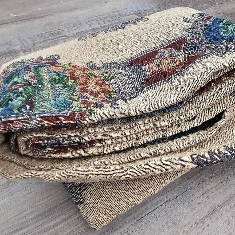 Vintage Woven Tapestry Landscape Panel Floral Scroll Border Pastoral Scene Art‎